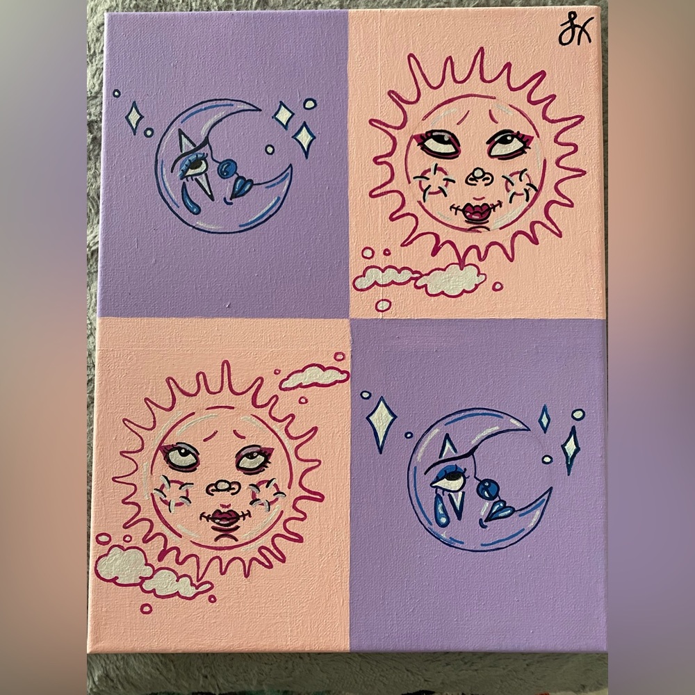 11x14 inch hand made painting. Pastel pink and purple sun and moon! 3d canvas.